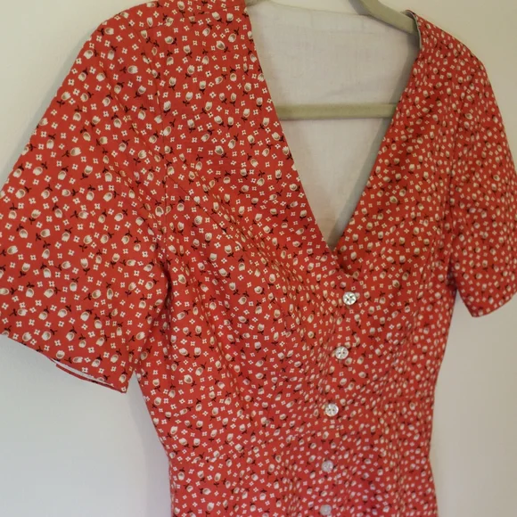 Cotton Orange Floral Short Sleeved Button Up French Style Dress - Picture 4 of 8